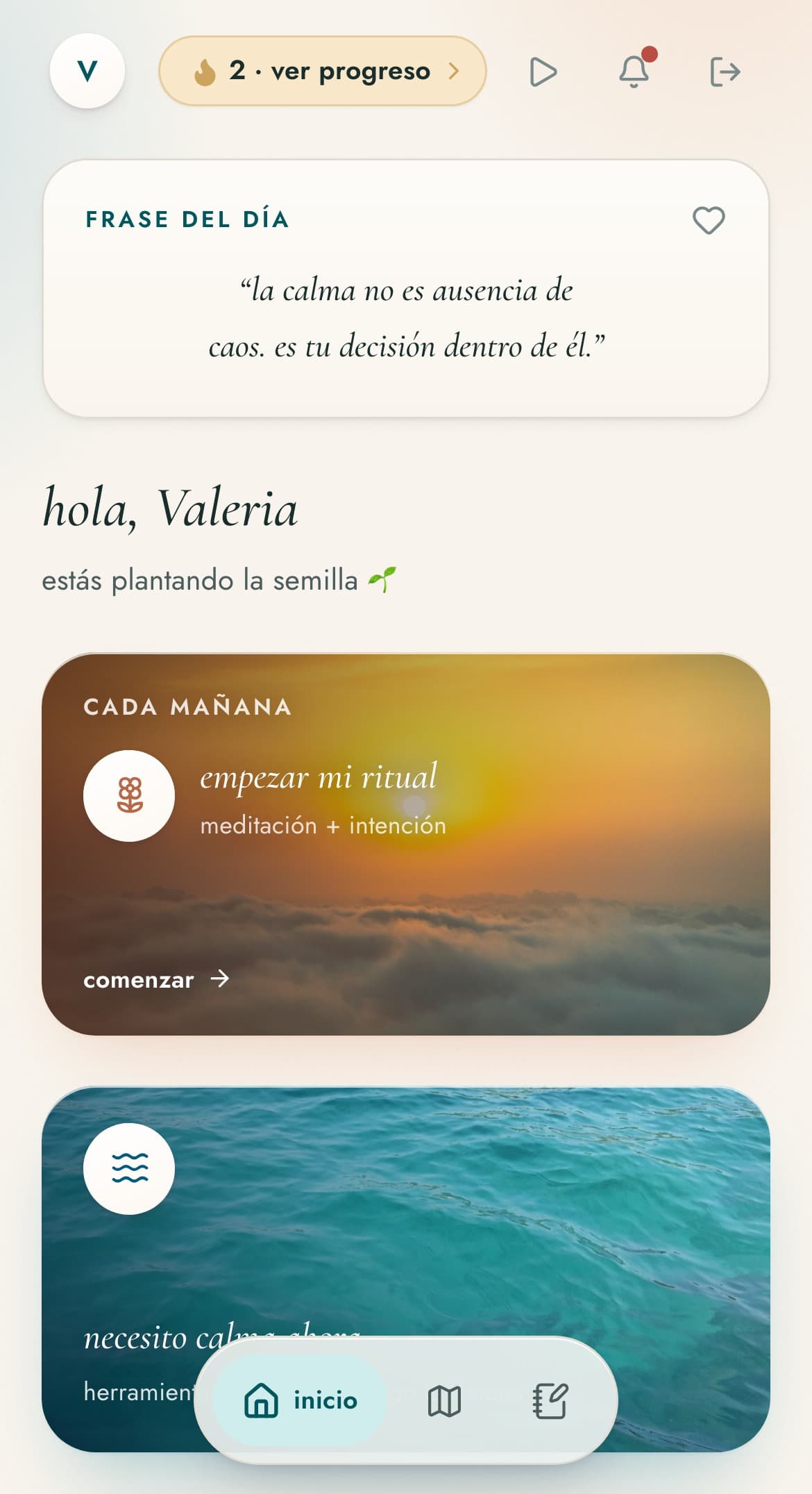 pantalla de inicio actual de rinata