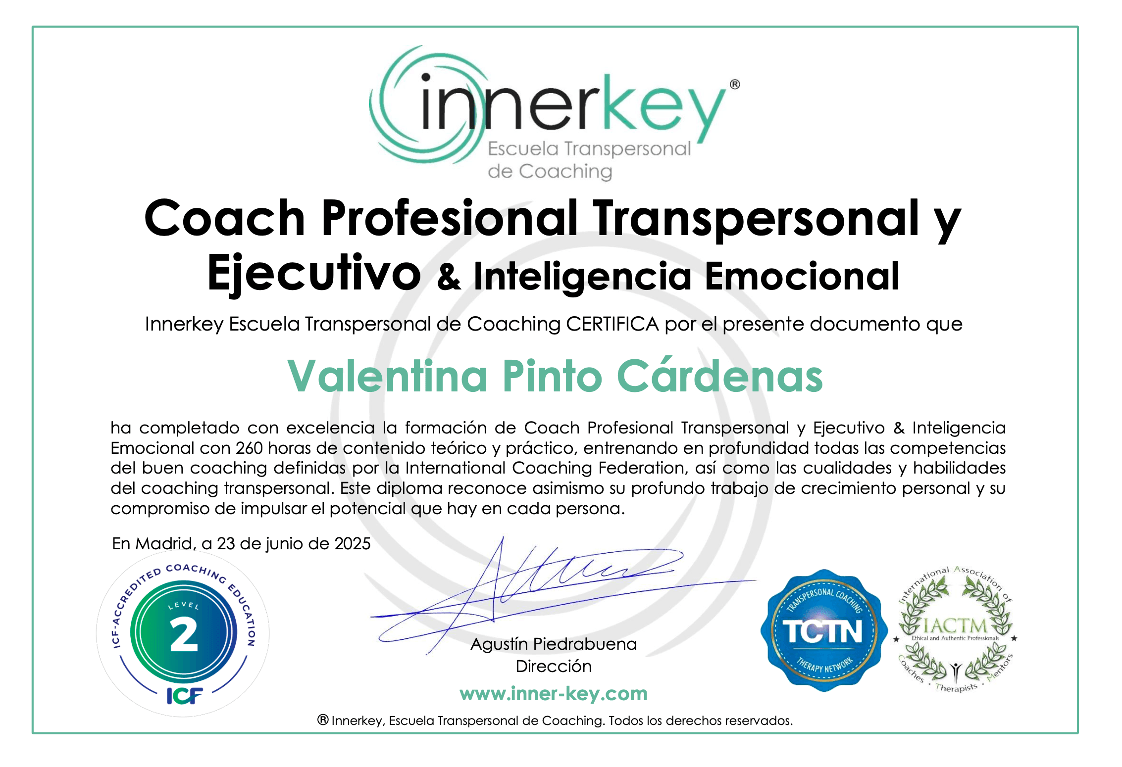 certificado de valentina como coach profesional transpersonal y ejecutivo, innerkey escuela transpersonal de coaching