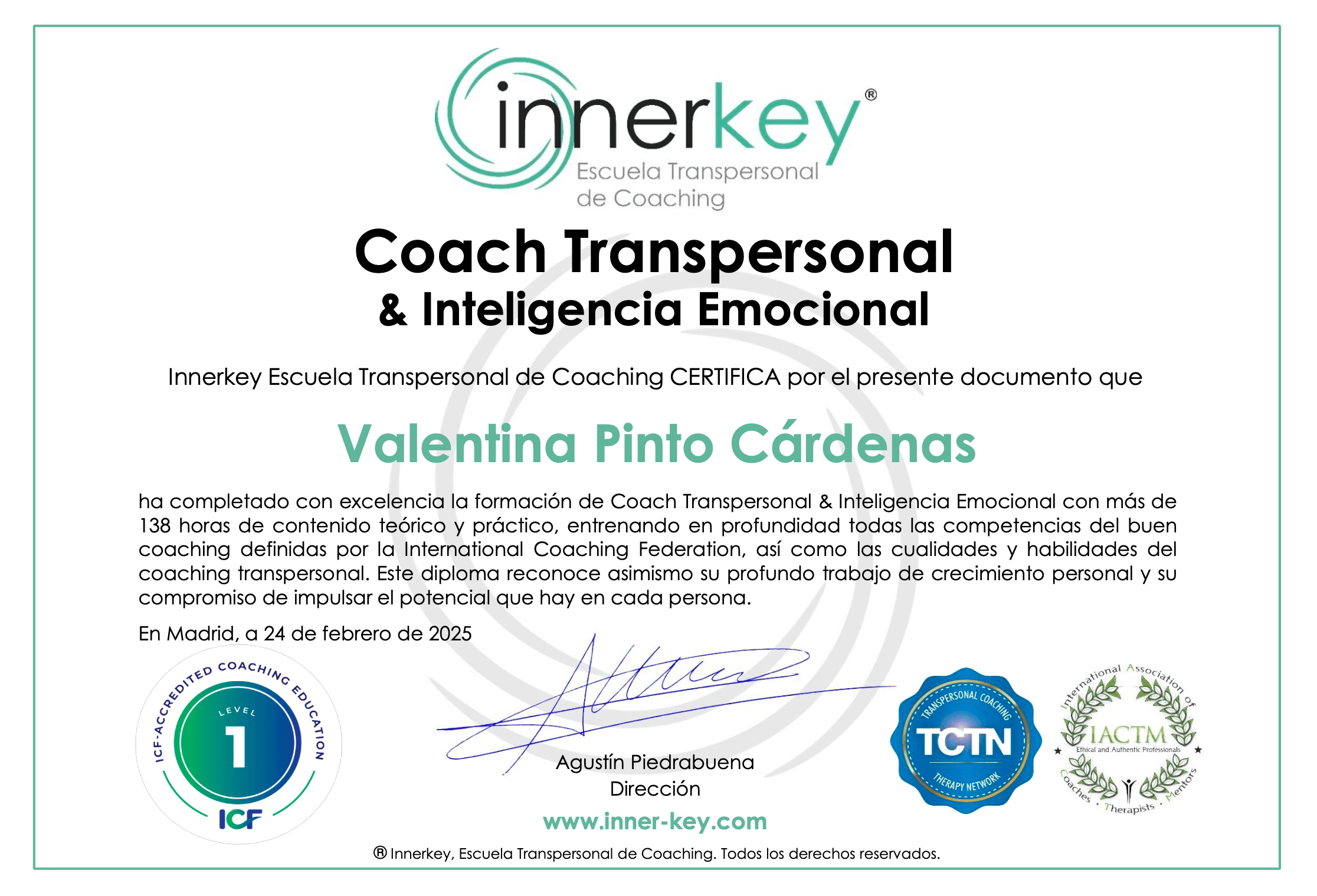 certificado de valentina como coach transpersonal e inteligencia emocional, innerkey escuela transpersonal de coaching