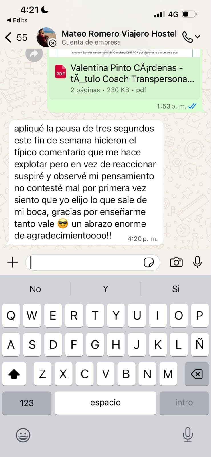 captura de whatsapp de mateo agradeciendo a rinata por ayudarlo a aplicar la pausa de 3 segundos en vez de reaccionar
