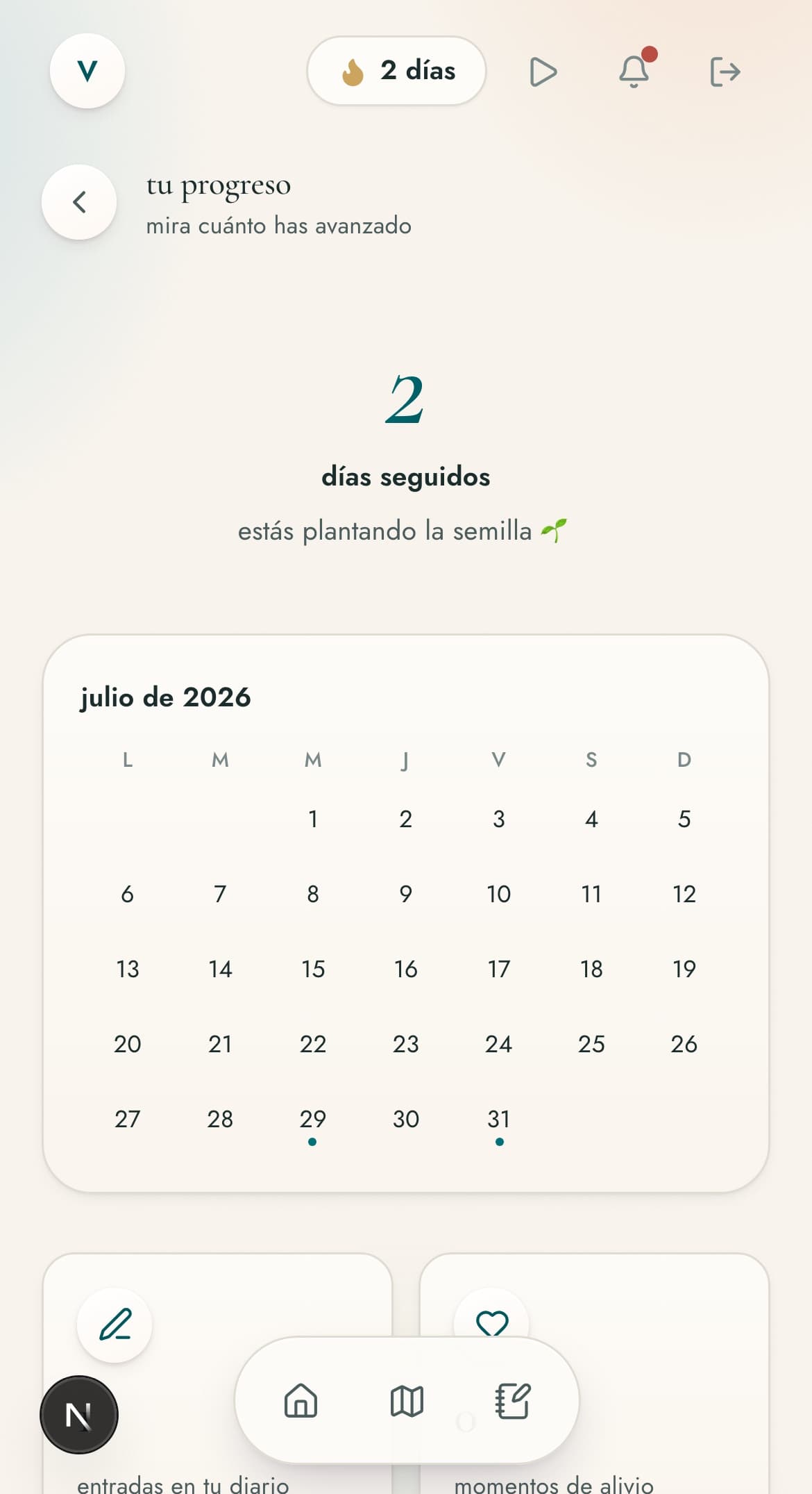 pantalla de tu progreso en rinata, con tu racha, el calendario del mes y tus estadísticas de diario
