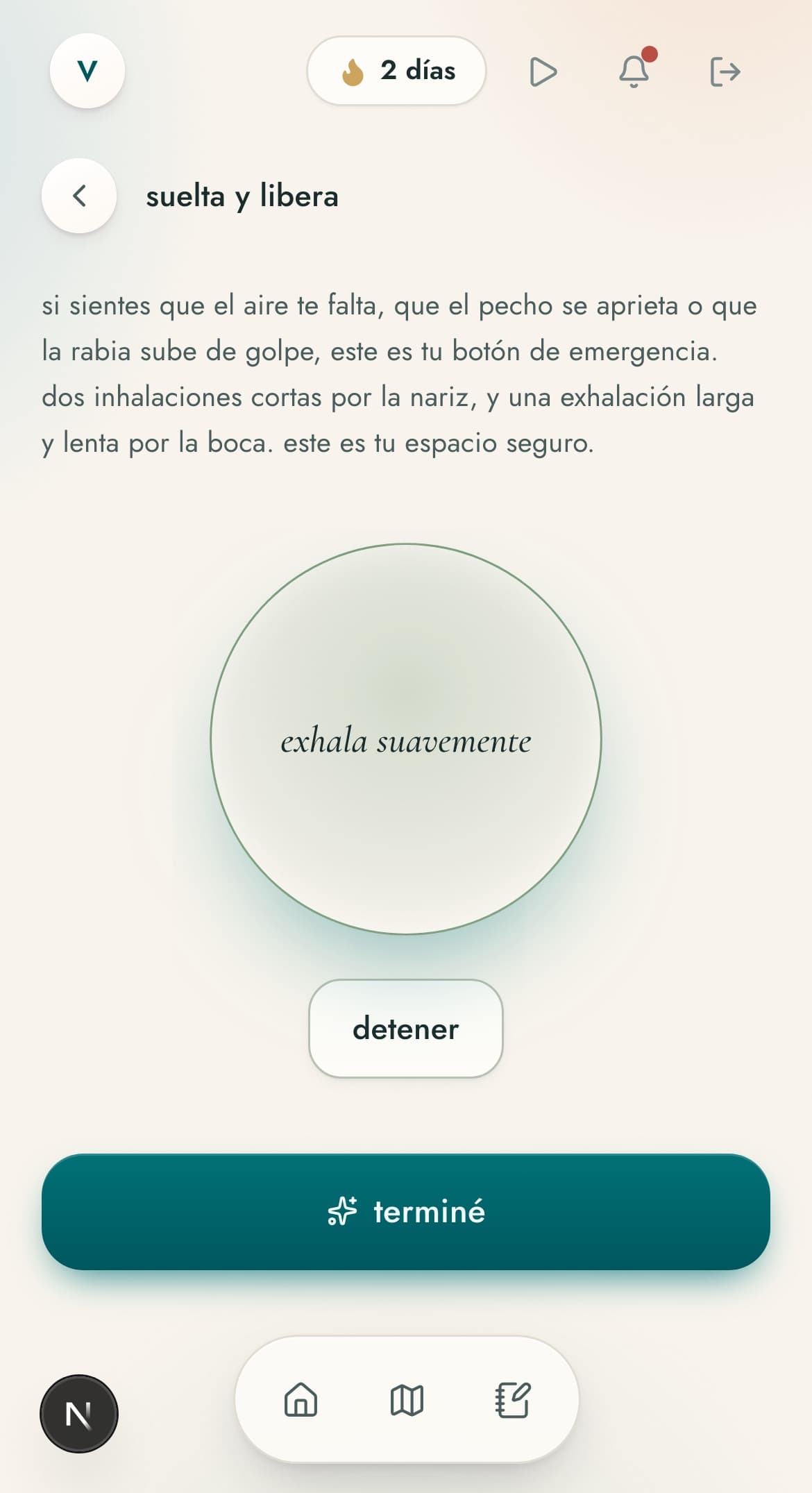 ejercicio de respiración suelta y libera, con el círculo animado del suspiro fisiológico